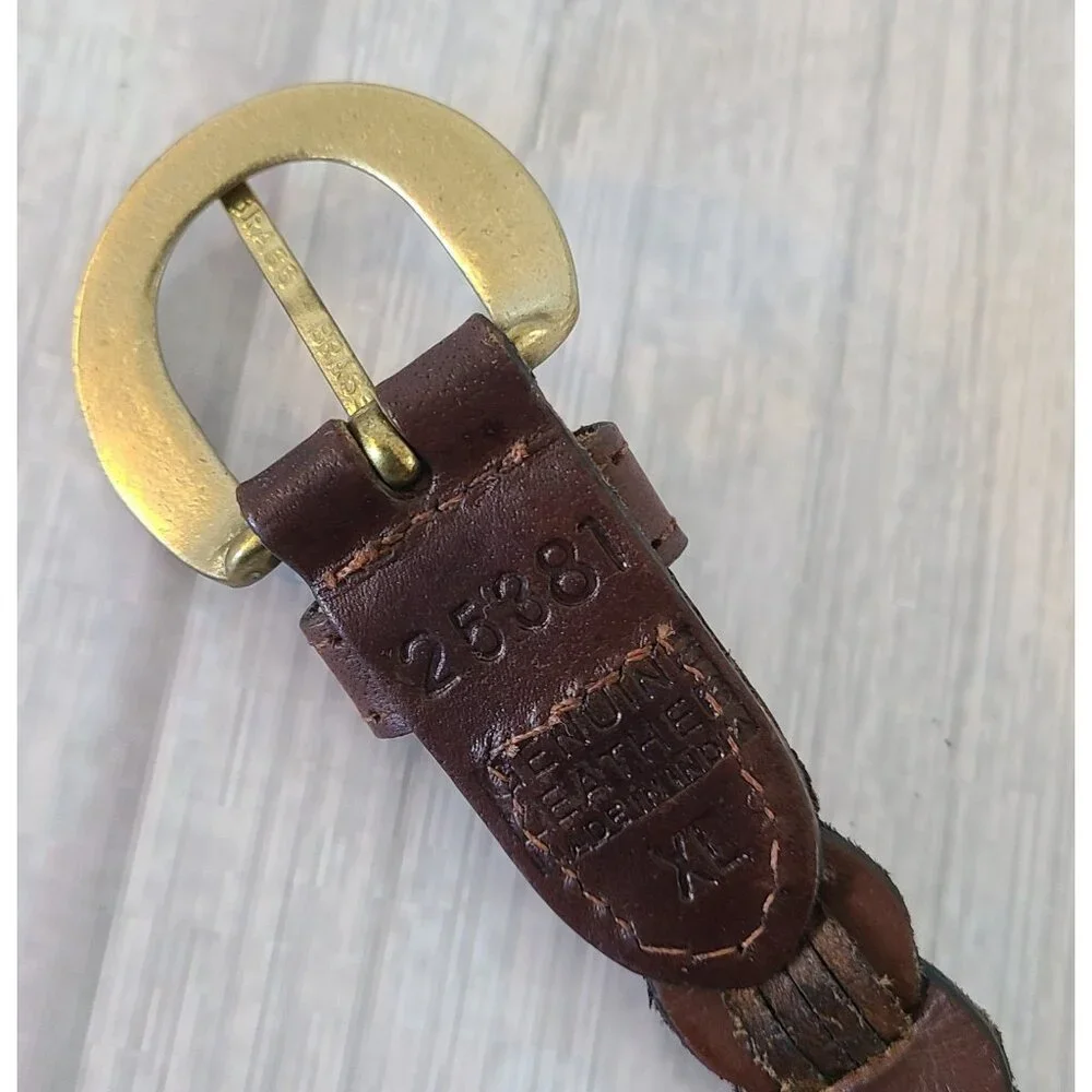 Vintage Chain Braid Leather Belt Solid Brass Buckle Mens XL